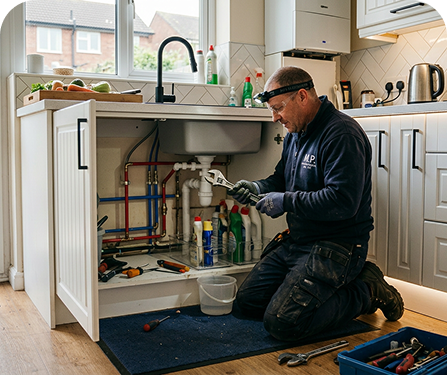 Plumber repairing pipework under a kitchen sink