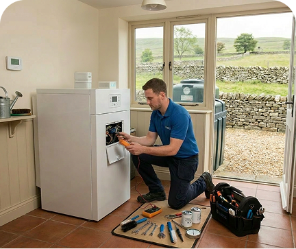Engineer servicing an oil heating system
