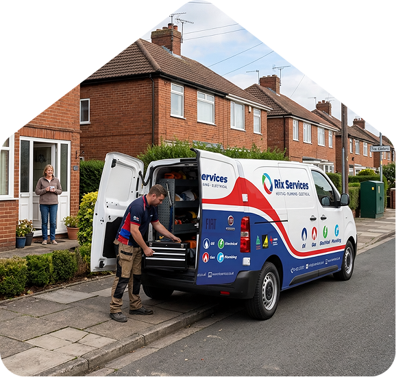 Rix engineers unloading equipment from a van at a customer's home — same day callouts available